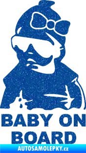 Samolepka Baby on board 001 levá s textem miminko s brýlemi a s mašlí Ultra Metalic modrá