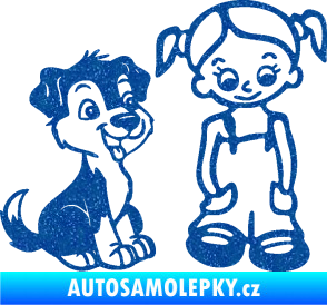 Samolepka Dítě v autě 099 pravá holčička a pes Ultra Metalic modrá