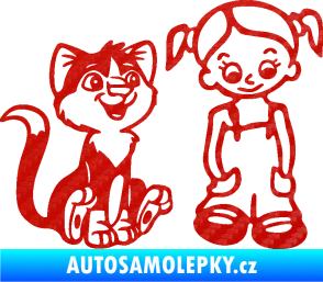 Samolepka Dítě v autě 098 pravá holčička a kočka 3D karbon červený