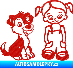 Samolepka Dítě v autě 099 pravá holčička a pes 3D karbon červený