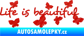 Samolepka Life is beautiful nápis s motýlky 3D karbon červený