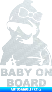 Samolepka Baby on board 001 levá s textem miminko s brýlemi a s mašlí 3D karbon bílý
