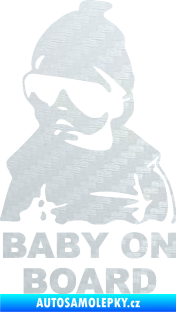 Samolepka Baby on board 002 levá s textem miminko s brýlemi 3D karbon bílý