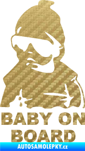 Samolepka Baby on board 002 levá s textem miminko s brýlemi 3D karbon zlatý