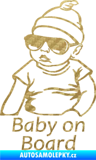 Samolepka Baby on board 003 levá s textem miminko s brýlemi 3D karbon zlatý