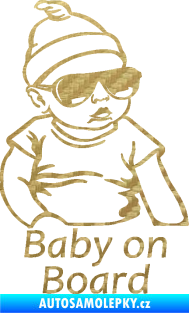 Samolepka Baby on board 003 pravá s textem miminko s brýlemi 3D karbon zlatý