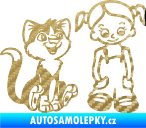 Samolepka Dítě v autě 098 pravá holčička a kočka 3D karbon zlatý