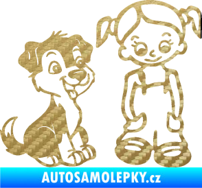 Samolepka Dítě v autě 099 pravá holčička a pes 3D karbon zlatý