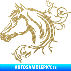 Samolepka Kůň 061 levá hlava s květinou 3D karbon zlatý