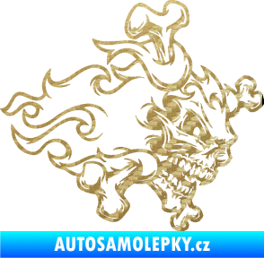 Samolepka Lebka 022 pravá kosti v plamenech 3D karbon zlatý