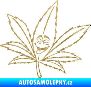 Samolepka Travka 003 levá lístek marihuany s obličejem 3D karbon zlatý