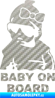 Samolepka Baby on board 001 levá s textem miminko s brýlemi a s mašlí 3D karbon stříbrný