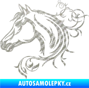 Samolepka Kůň 061 levá hlava s květinou 3D karbon stříbrný