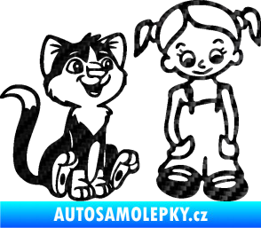 Samolepka Dítě v autě 098 pravá holčička a kočka 3D karbon černý