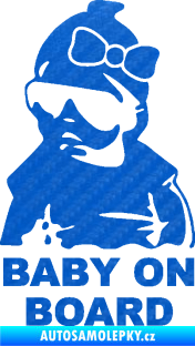 Samolepka Baby on board 001 levá s textem miminko s brýlemi a s mašlí 3D karbon modrý