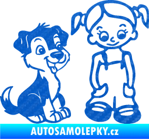 Samolepka Dítě v autě 099 pravá holčička a pes 3D karbon modrý