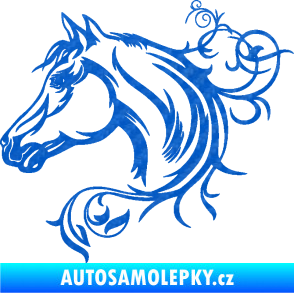 Samolepka Kůň 061 levá hlava s květinou 3D karbon modrý