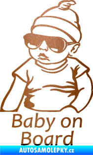 Samolepka Baby on board 003 levá s textem miminko s brýlemi měděná metalíza
