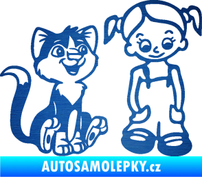 Samolepka Dítě v autě 098 pravá holčička a kočka škrábaný kov modrý