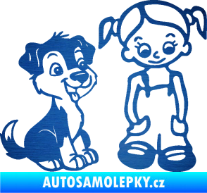 Samolepka Dítě v autě 099 pravá holčička a pes škrábaný kov modrý