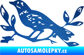 Samolepka Interiér 003 levá ptáček na větvičce škrábaný kov modrý