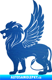 Samolepka Okřídlený lev 001 levá mytické zvíře škrábaný kov modrý
