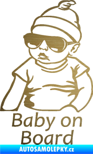 Samolepka Baby on board 003 levá s textem miminko s brýlemi škrábaný kov zlatý