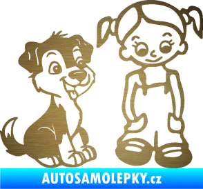 Samolepka Dítě v autě 099 pravá holčička a pes škrábaný kov zlatý