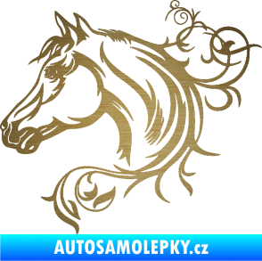 Samolepka Kůň 061 levá hlava s květinou škrábaný kov zlatý
