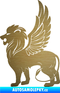 Samolepka Okřídlený lev 001 levá mytické zvíře škrábaný kov zlatý
