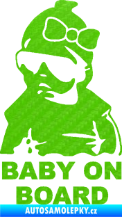 Samolepka Baby on board 001 levá s textem miminko s brýlemi a s mašlí 3D karbon zelený kawasaki