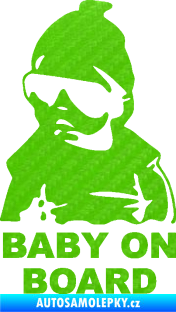 Samolepka Baby on board 002 levá s textem miminko s brýlemi 3D karbon zelený kawasaki