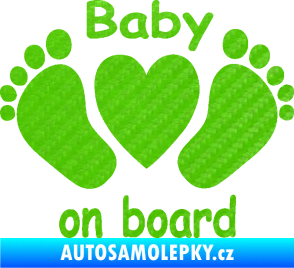 Samolepka Baby on board 004 s textem nožičky se srdíčkem 3D karbon zelený kawasaki