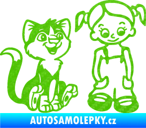 Samolepka Dítě v autě 098 pravá holčička a kočka 3D karbon zelený kawasaki