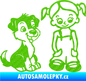 Samolepka Dítě v autě 099 pravá holčička a pes 3D karbon zelený kawasaki
