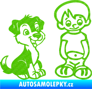 Samolepka Dítě v autě 100 pravá kluk a pes 3D karbon zelený kawasaki