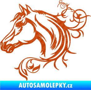 Samolepka Kůň 061 levá hlava s květinou 3D karbon oranžový