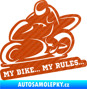 Samolepka Motorkář 012 levá s textem 3D karbon oranžový