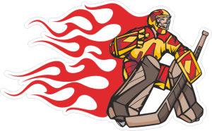 Barevný hokejista 002 pravá brankář v plamenech