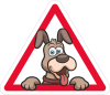 Barevný pes v autě 002 pravá výstražný trojúhelník