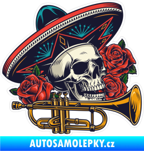 Samolepka Barevná lebka 073 pravá mexická s trumpetou