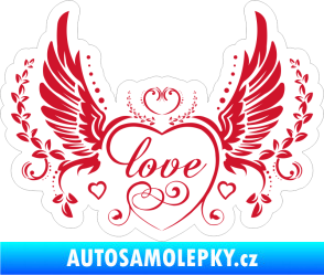 Samolepka Love srdce nápis s křídly červenobílý