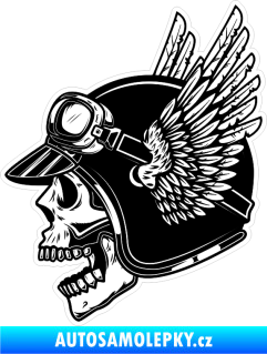 Samolepka Tištěná lebka 005 levá černobílá okřídlená helma