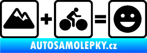 Samolepka Hory + kolo = veselý smajlík cyklista na horách černá
