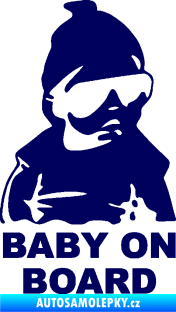 Samolepka Baby on board 002 pravá s textem miminko s brýlemi tmavě modrá