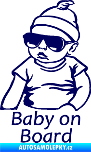 Samolepka Baby on board 003 levá s textem miminko s brýlemi tmavě modrá