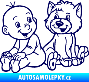 Samolepka Dítě v autě 087 levá chlapeček s pejskem tmavě modrá