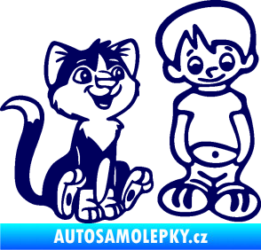Samolepka Dítě v autě 097 pravá kluk a kočka tmavě modrá
