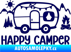Samolepka Happy camper 002 pravá kempování s karavanem tmavě modrá