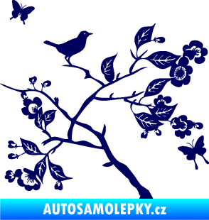 Samolepka Interiér 005 pravá  větvička s ptáčkem a motýlky tmavě modrá
